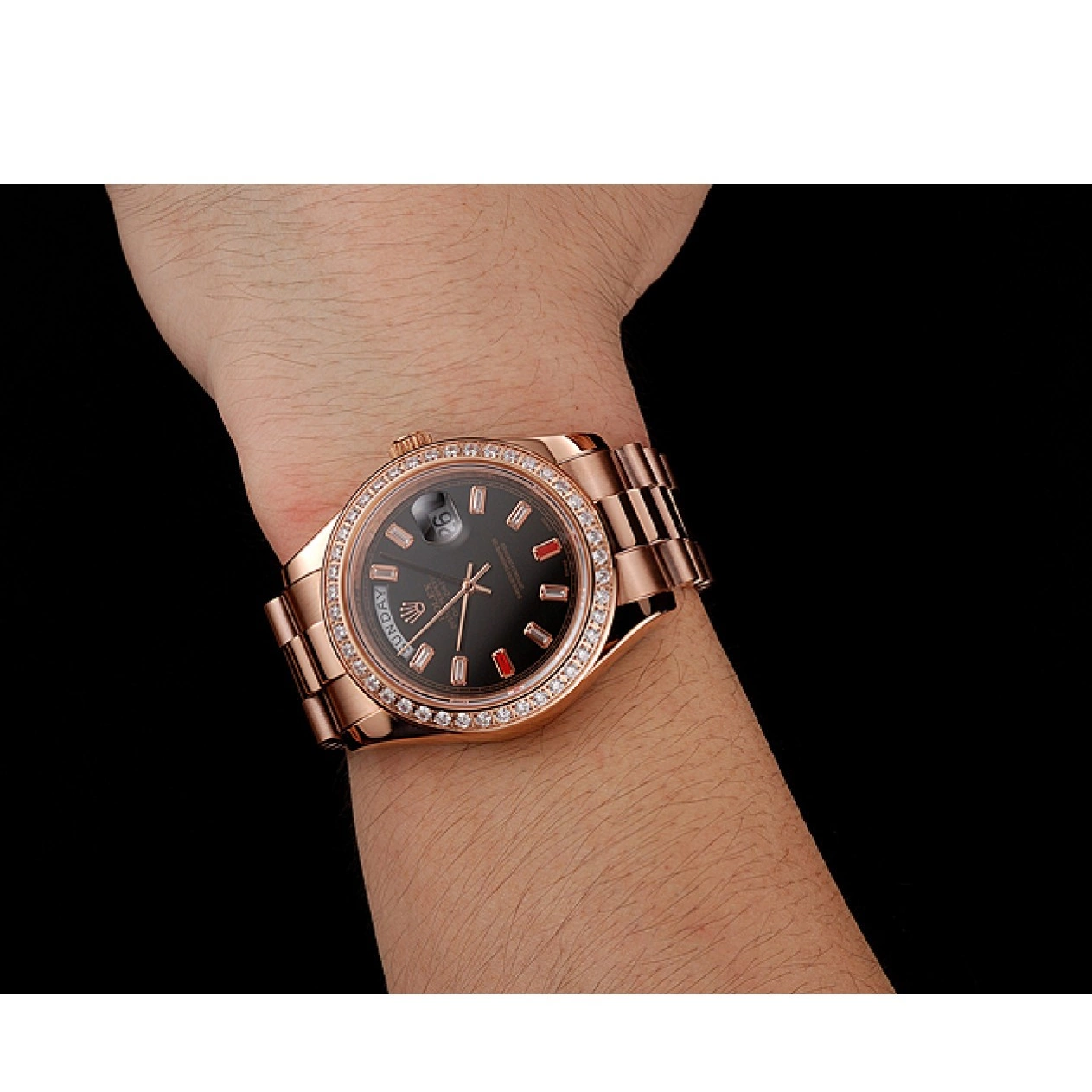Aaa replica watch Bracelet Rolex 1454102 And Swiss Gold Rose Rubies Diamonds Dial Black Day-Date 0602